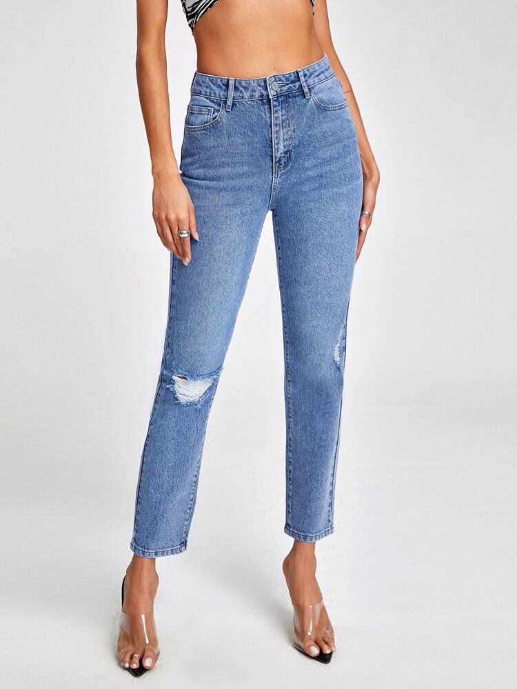 High Waist Ripped Mom Cropped Jeans | SHEIN