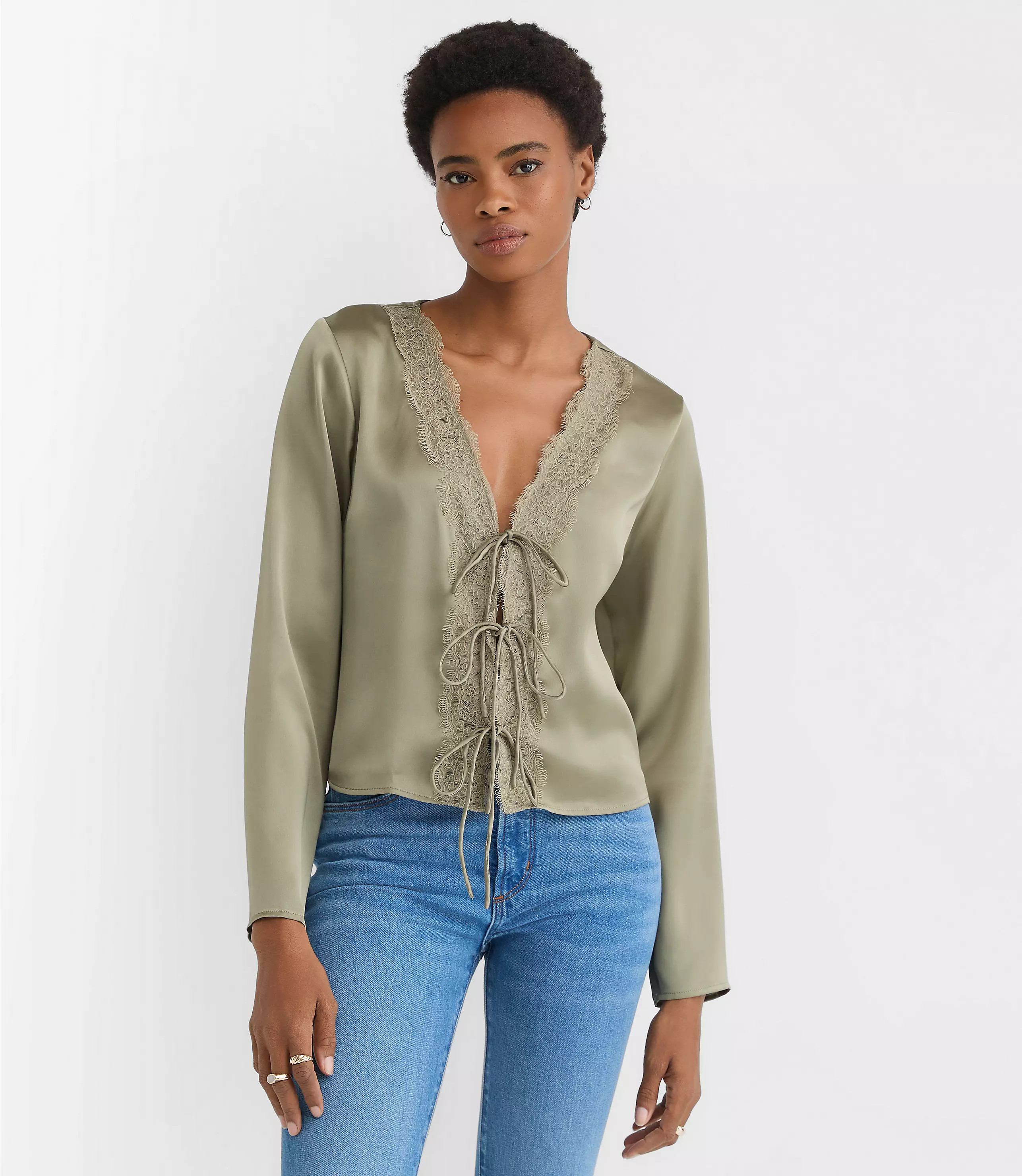 Lace Trim Satin Bow Blouse | LOFT