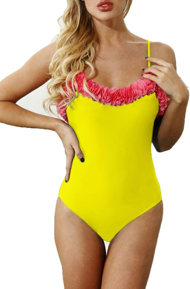 CHYRII Women's Faux Petal Scoop Neck Low Back One Piece Swimsuit Monokini Bathing Suit | Amazon (US)