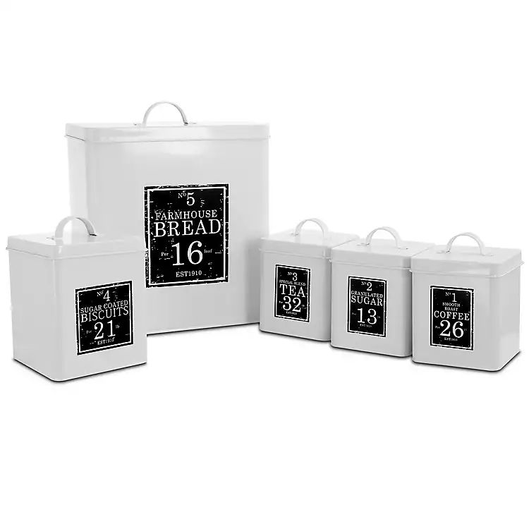 New!White and Black Metal Label Canisters, Set of 5 | Kirkland's Home