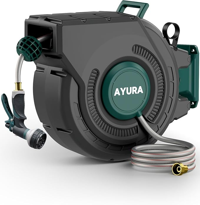 AYURA Retractable Garden Hose Reel 100 ft x 1/2 inch with Pro Metal Shaft, Heavy Duty Automatic G... | Amazon (US)