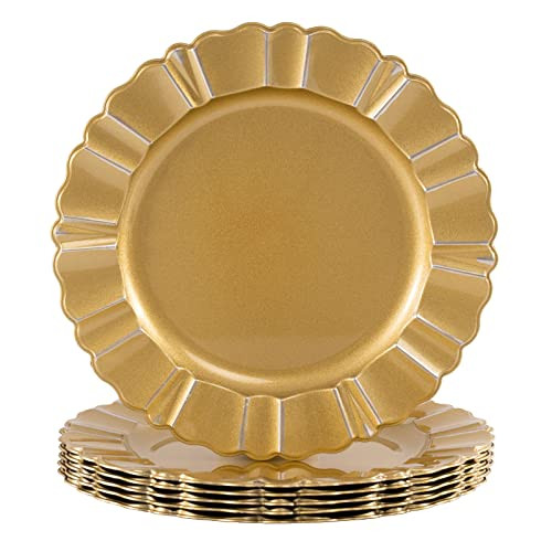 MAONAME 13" Gold Charger Plates, Antique Plate Chargers With Wipe Silver Waved Scalloped Rim, Plastic Chargers for Table Setting, Wedding decor, Set of 6 | Amazon (US)