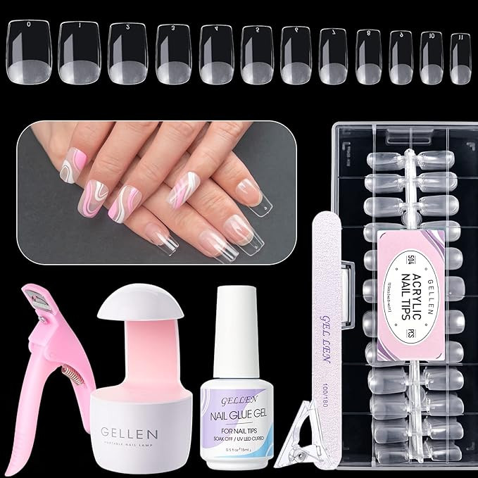 Gellen Nail Tips And Glue Gel Kit, Acrylic Nail Kit With 504Pcs Short Square Fake Nails, U V LED ... | Amazon (US)
