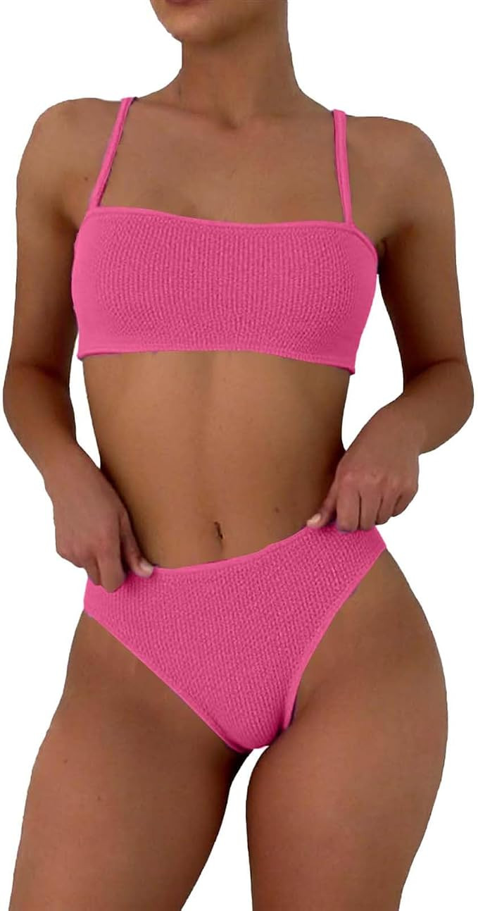 2 Piece Swimsuits for Women Ribbed Textured Bikini Sets Adjustable Spaghetti Straps Mid Rise Bath... | Amazon (US)