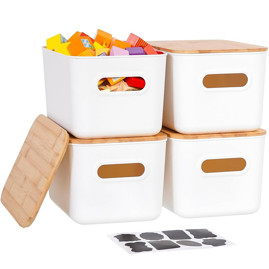 Citylife 4 PCS Storage Bins with Bamboo Lids Plastic Storage Containers for Organizing Stackable ... | Amazon (US)
