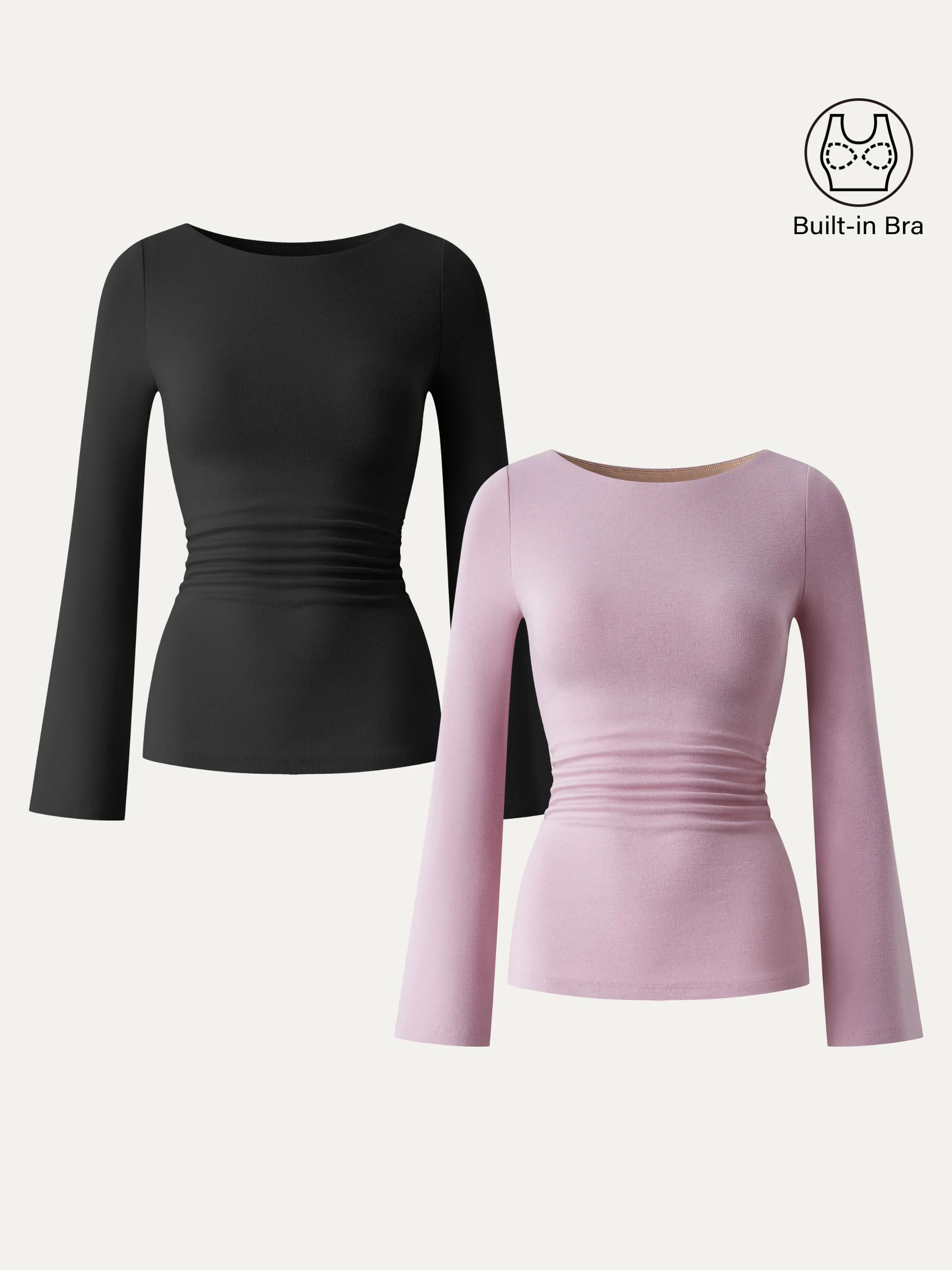 Boatneck Bell Sleeves Ruched Brami Top - Black/Opera Mauve / S | OGLmove