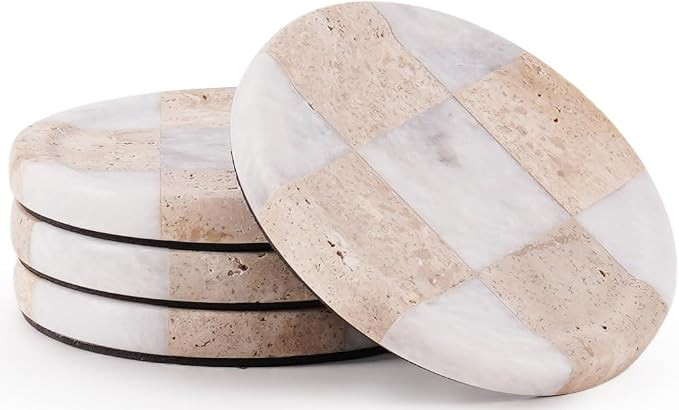Marble Coasters Set of 4, Travertine & White Handmade 4 inch Round Checkered Stone Coaster, Drink... | Amazon (US)