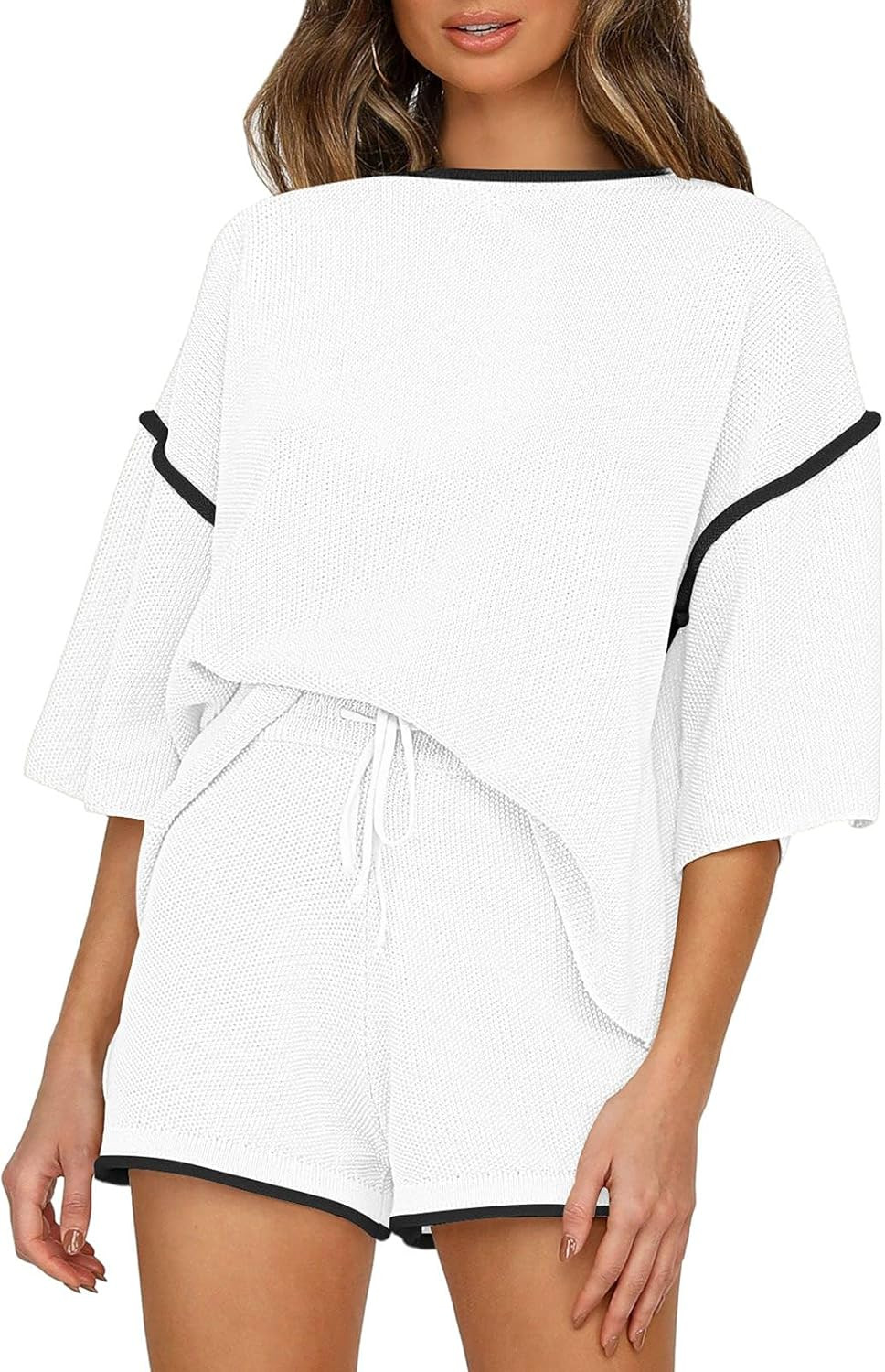 Fixmatti Women 2 Piece Knit Outfits Long Sleeve Sweater Top and Shorts Sweatsuits Set | Amazon (US)