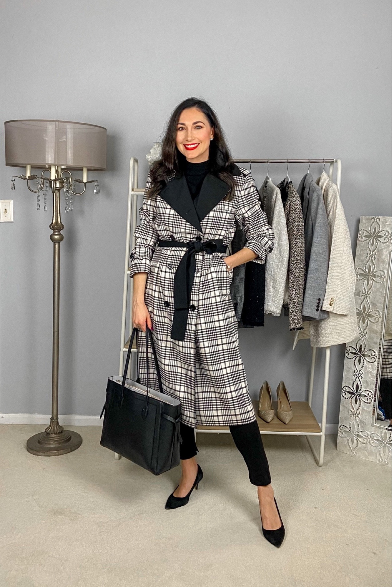 Black and white 2024 plaid trench coat