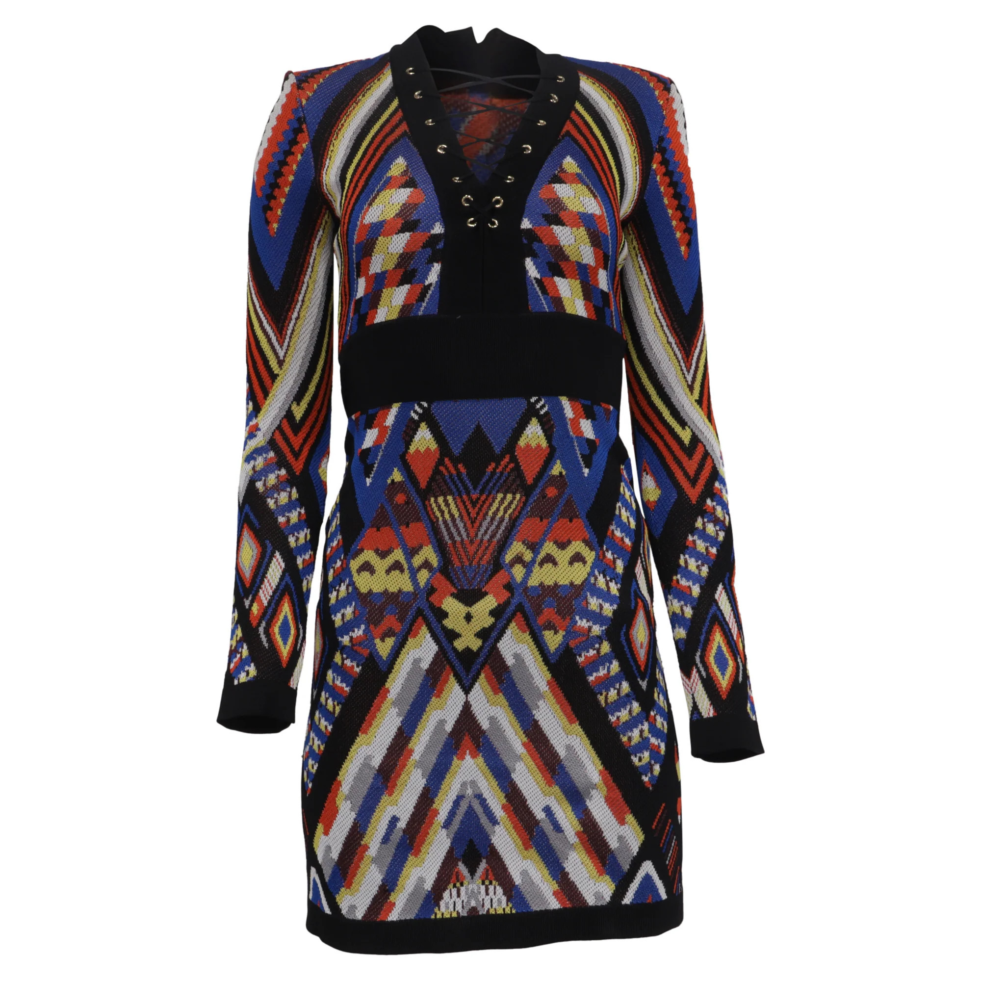 Balmain Tribal-Patterned Lace Up Mini Dress in Multicolor Viscose | Shop Simon