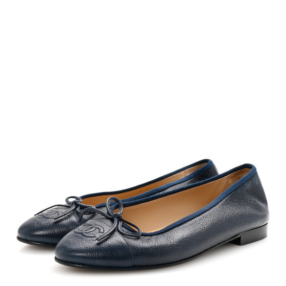 Chanel Caviar CC Cap Toe Ballerina Flats 38 Bleu Marine Fonce | FASHIONPHILE (US)