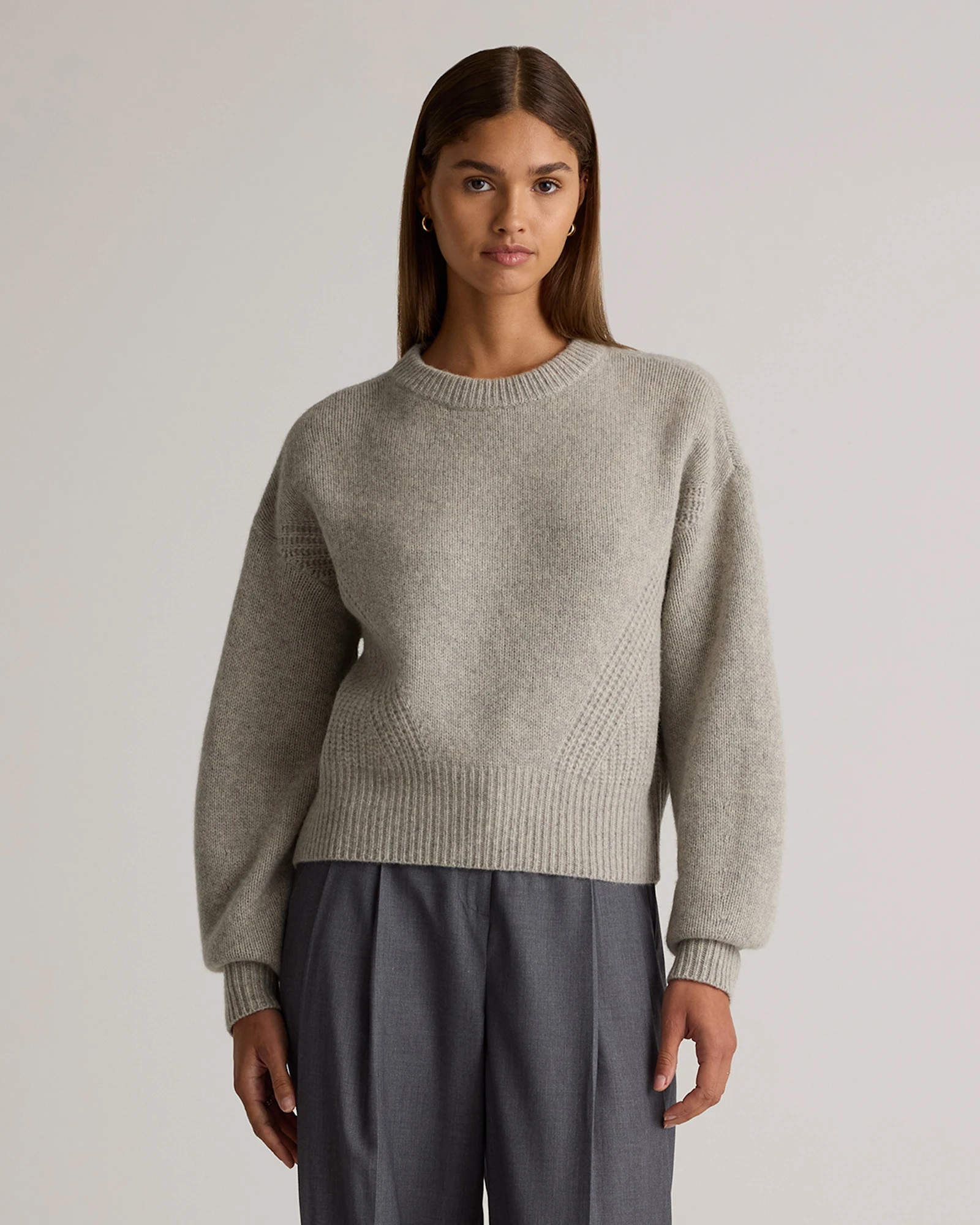 Quince | Women's 100% Yak Wool Pointelle Detail Relaxed Crew Neck Alpaca Sweater in Heather Brown, Size Medium | Quince