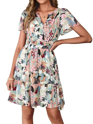 Simplee Women 2026 Floral Summer Short Dress Short Sleeves V Neck Chiffon A-Line Casual Flowy Boh... | Amazon (US)