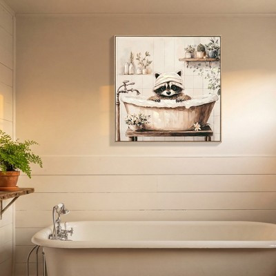 Funny Raccoon in Bathtub Framed Canvas Wall Art, Black and White Bathroom Decor for Restroom or Bedroom, Ready to Hang, 24" x 24" | Target