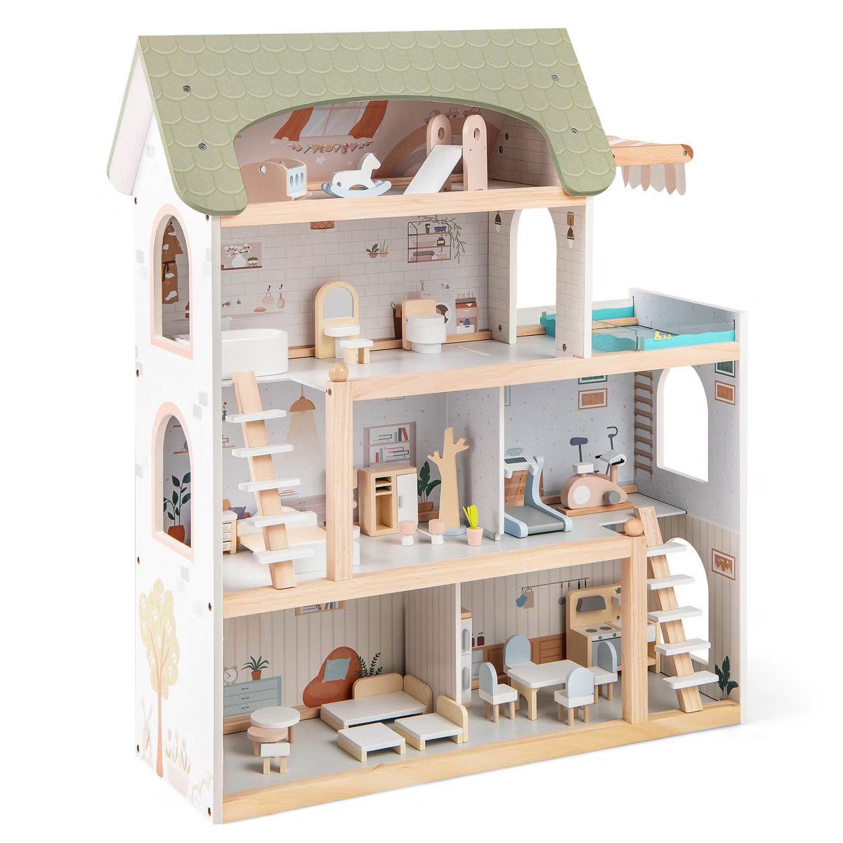 Costway Kids Wooden Dollhouse 4-Story Modern Doll House with 33Pcs Furniture Accessories | Target