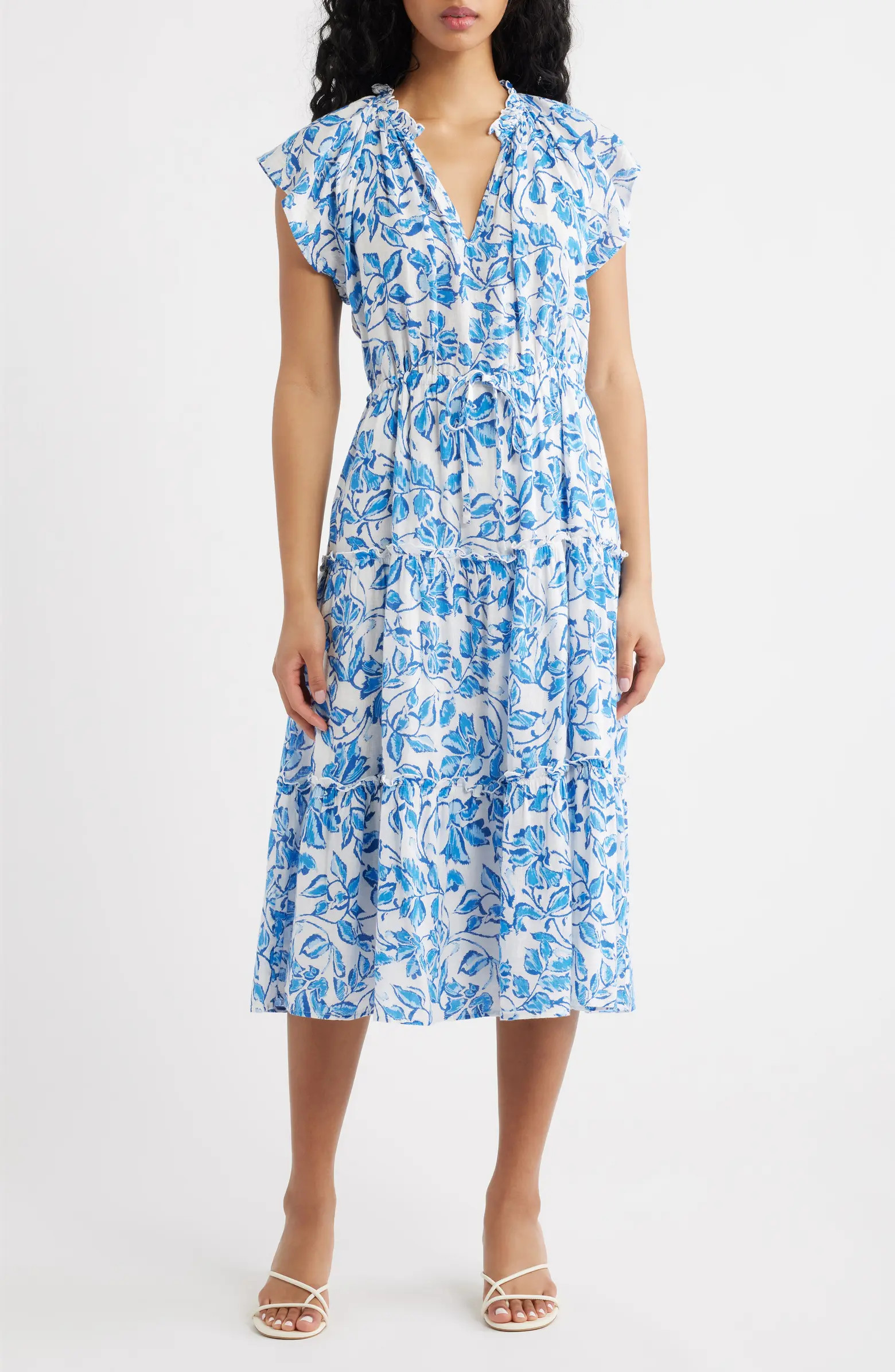 Rails Juni Floral Tie Waist Linen Blend Midi Dress | Nordstrom | Nordstrom