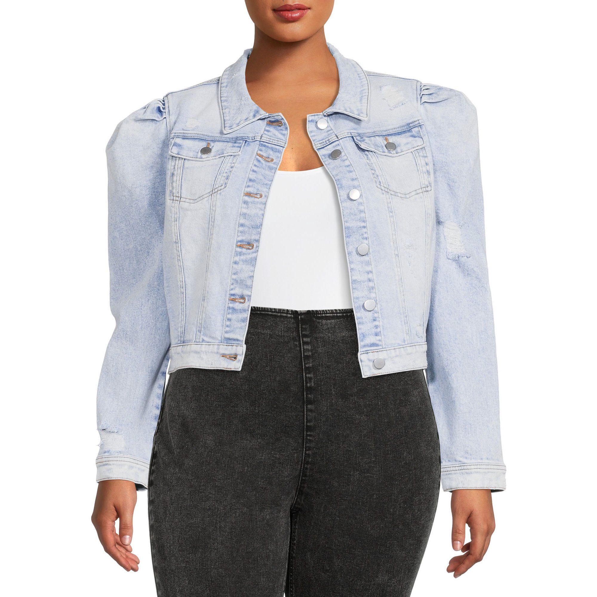 No Boundaries Juniors' Plus Size Destructed Puff Sleeve Denim Jacket | Walmart (US)