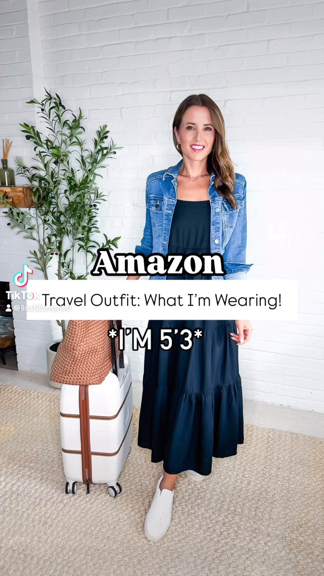 Travel outfit - what I’m wearing. Amazon outfit. Travel style. Casual outfit. Elevated casual outfit. Amazon petite friendly maxi dress with adjustable button straps in XXS. Denim jacket in XS. Reacher outfit. Veja campo sneakers are sizes only, size down if you are a half size. Delsey luggage. Naghedi large tote in cocoa. 

#LTKTravel #LTKWorkwear #LTKShoeCrush