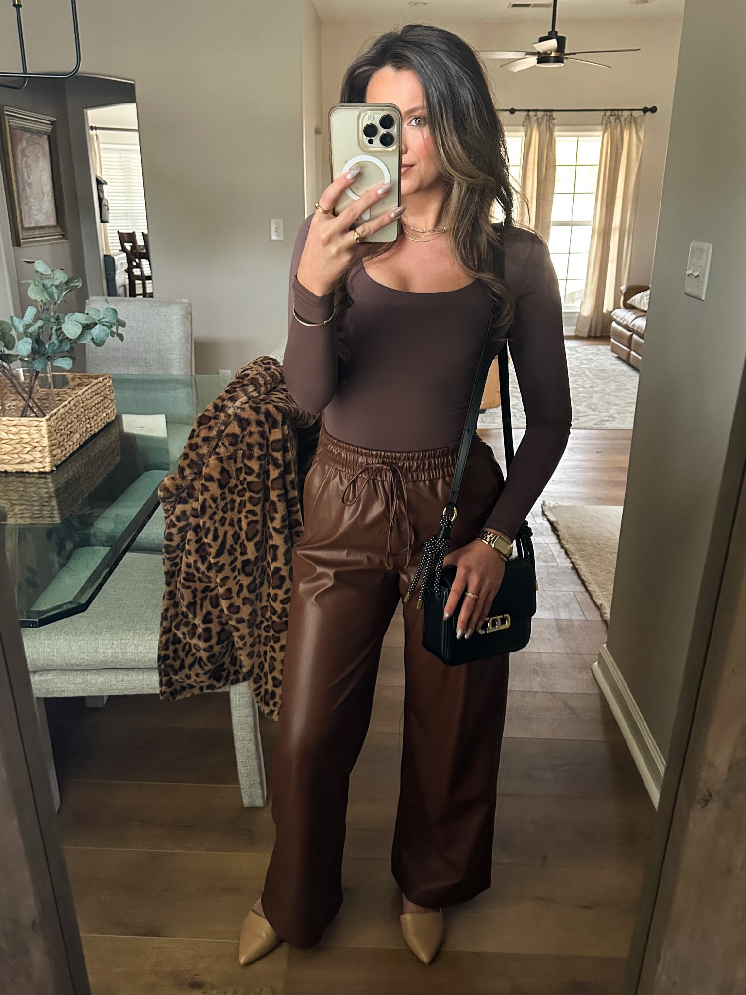 amazon staple top🤎  dupe for skim’s essential long sleeve scoop neck bodysuit

Brown leather pants are from anthropology Size XS 

Top size small

#LTKMostLoved #LTKStyleTip #LTKFindsUnder50
