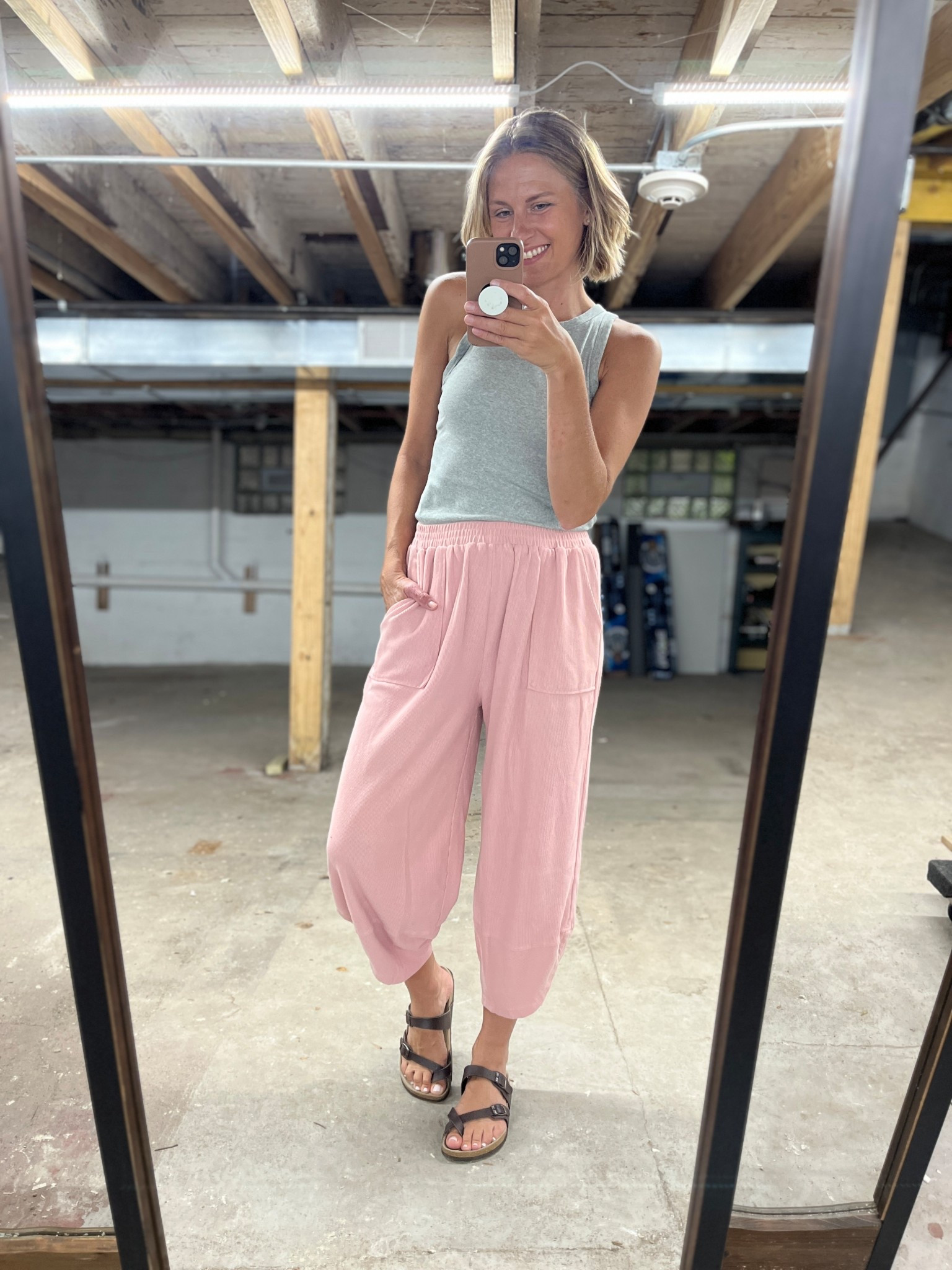 Today’s salon outfit! So comfy and still cute enough for work! Wearing my true size medium in tank and pants, sized up half size in sandals  