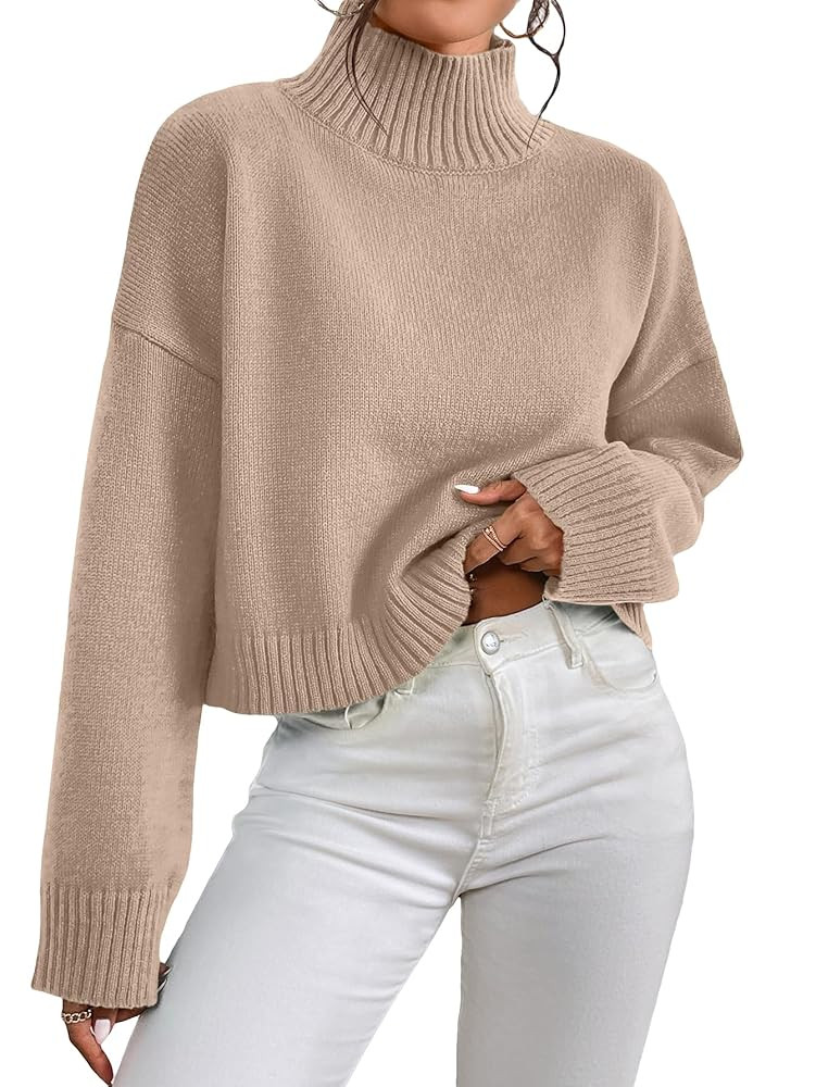 OYOANGLE Women's Oversized High Neck Drop Shoulder Long Sleeve Solid Ribbed Knit Crop Sweater Top | Amazon (US)