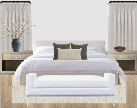 Neutral bedroom inspo 
Linen sheets
Throw pillows
Upholstered bench
Wooden nightstands
Sheer drapery 
French return rods
Organic modern 
Bedding 

#LTKunder100 #LTKFind #LTKhome