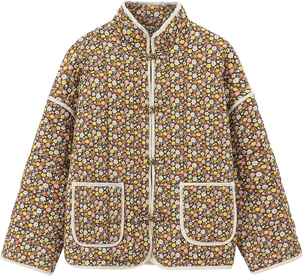 Muchpow Women's Cropped Quilted Puffer Jacket Floral Print Lightweight Long Sleeve Winter Coat Ou... | Amazon (US)