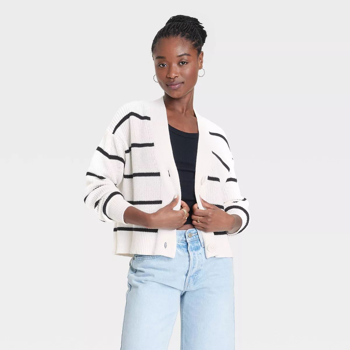 Women's Button-Up Cardigan - Universal Thread™ Black/White Striped M | Target