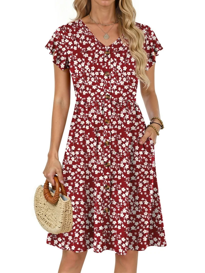 Fantaslook Women Summer Dresses V Neck Ruffle Sleeve Casual Flowy Sundresses Button Floral Midi D... | Walmart (US)