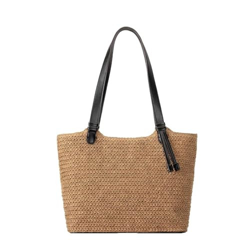 Womens Straw Beach Bag with Zipper, Handmade Woven Summer Tote Bag with PU Shoulder Strap, Purse for Travel, Vacation (Black) | Amazon (US)