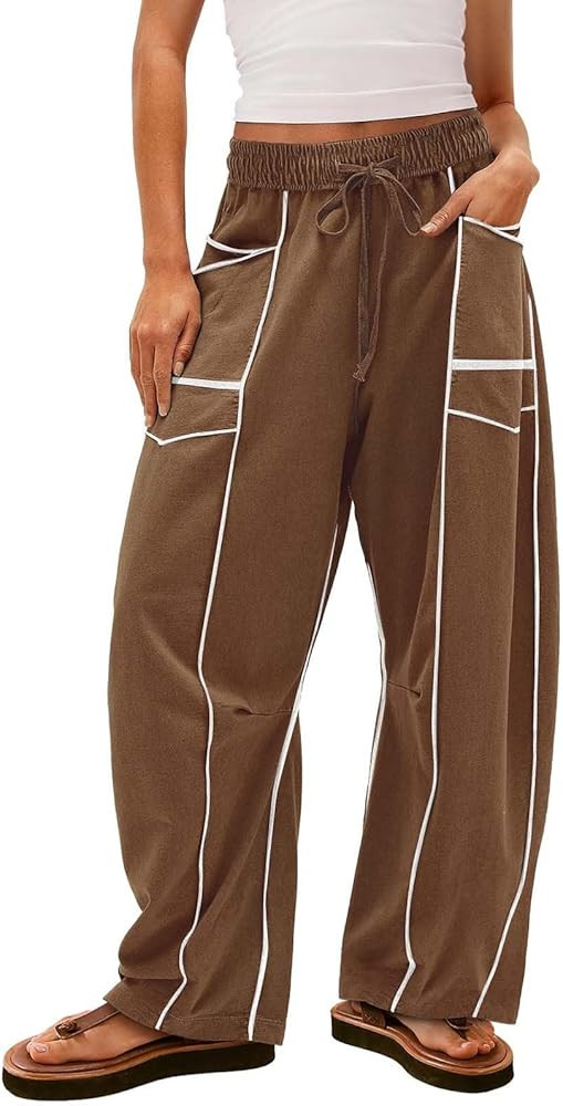Womens Barrel Wide Leg Pants, Plus Size Drawstring Waist Sweatpants, 2025 Fall Casual Beach Palaz... | Amazon (US)