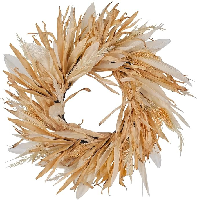 Fall Corn Husk & Wheat Wreath for Front Door 24 Inch, Farmhouse Style Rustic & Minimalist Autumn ... | Amazon (US)
