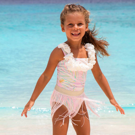 Pink & Green Metallic Girls Hula One Piece & Skirt Swim Set 3t-10 | Shade Critters