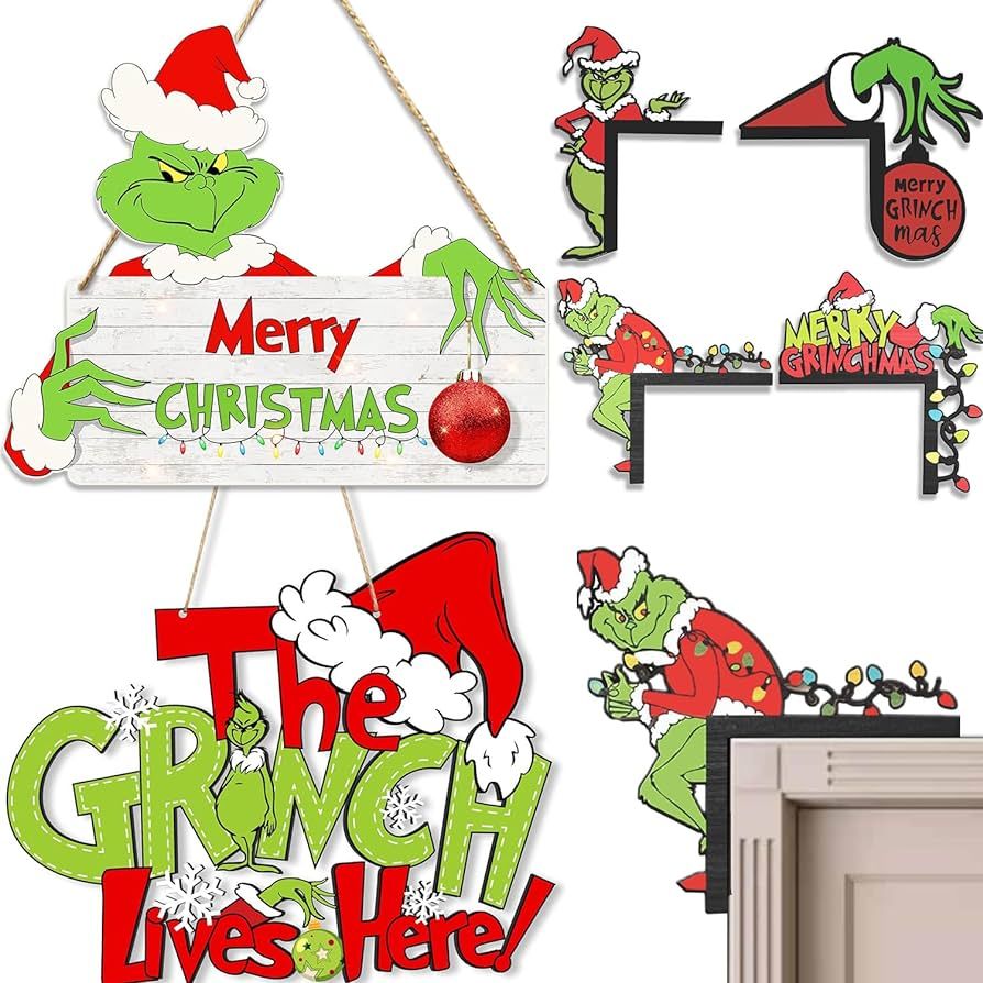 Grinch Merry Xmas 2Pcs Wooden Hanging Door Sign & 4 Pack Wooden Corner Door Decorations - Christm... | Amazon (US)