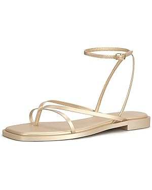 Womens Flats Sandals Square Toe Strappy Ankle Strap Flats | Amazon (US)