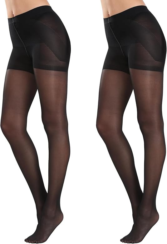 MANZI 2 Pairs Women's Sheer Tights 40D High Waist Control Top Pantyhose Thigh High Stockings with... | Amazon (US)