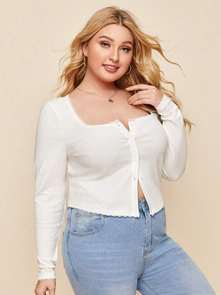 SHEIN Essnce Plus Button Placket Lace Trim Rib-Knit Top | SHEIN
