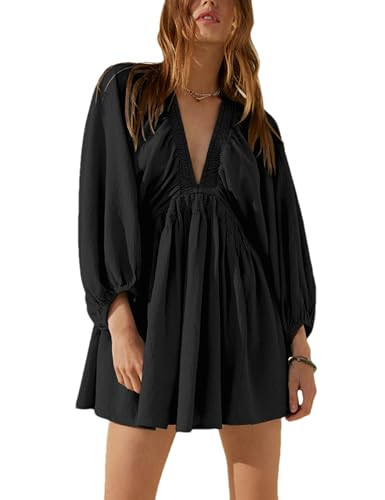 Tiko Miko Women's Sexy Long Sleeve V Neck Tunic Dress Casual Loose Flowy Mini Swing Shift Dresses... | Amazon (US)