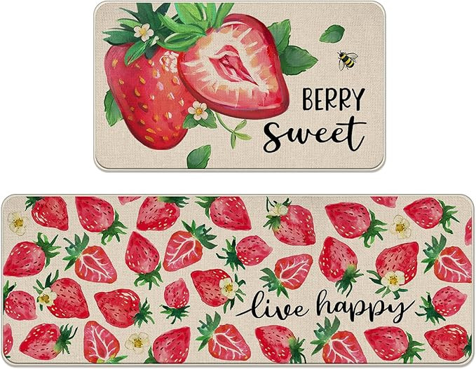 Spring Summer Strawberry Kitchen Rugs Set of 2, Berry Sweet Fruit Bee Kitchen Mats Decor, Live Ha... | Amazon (US)