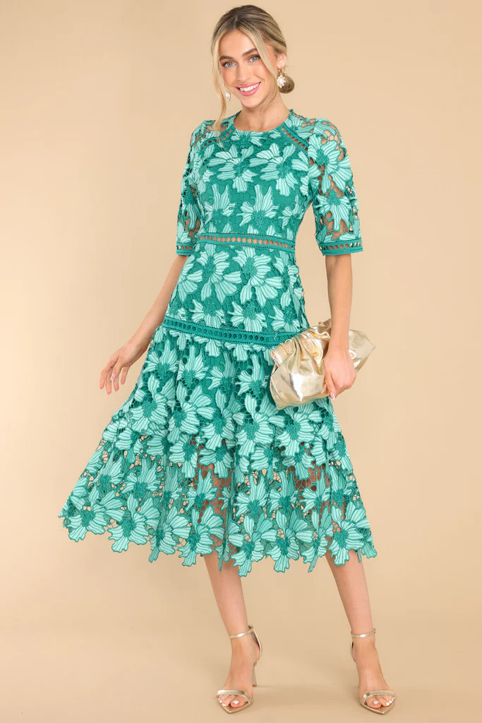 Get To The Point Emerald Lace Midi Dress | Red Dress 