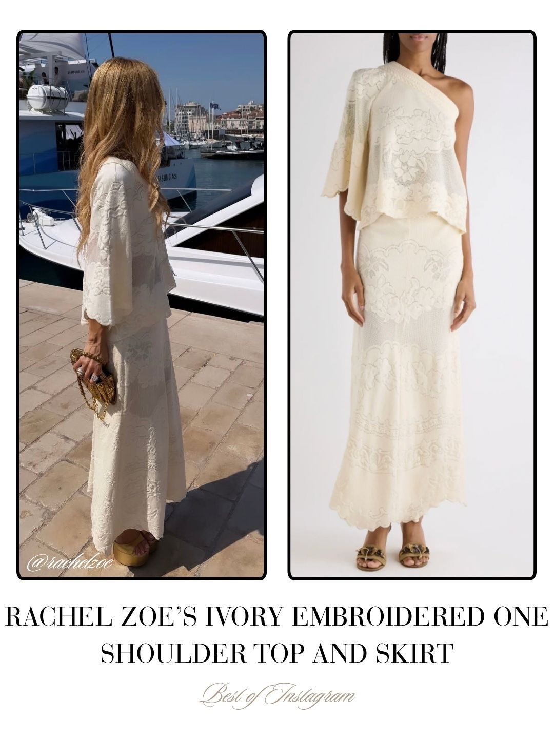 Rachel Zoe’s Ivory Embroidered One Shoulder Top and Skirt 📸 = @rachelzoe