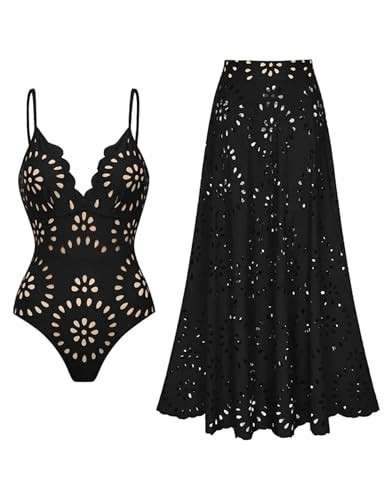 FLAXMAKER Women's One Piece Bathing Suit Petal Hollow V Neck Swimsuit and Skirt (Black Swimsuit and Skirt, S) | Amazon (US)