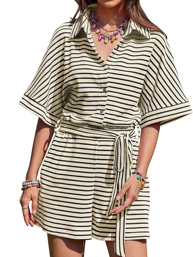 Yousify Womens Summer Casual Striped Rompers Short Sleeve Button Down Belted Elastic Waist Short ... | Amazon (US)