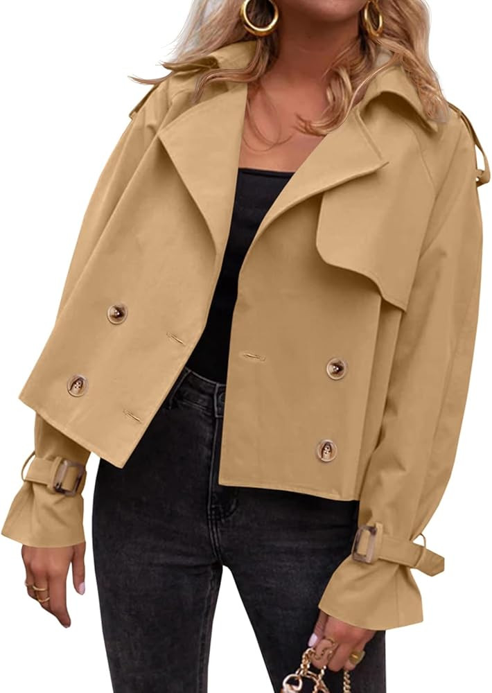 Tankaneo Womens Cropped Trench Coat Double Breasted Lapel Long Sleeve Short Jacket Fashion Outerw... | Amazon (US)