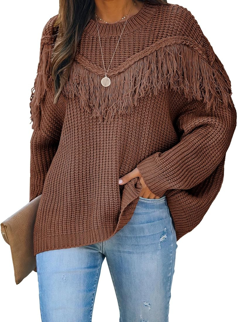 Women's Casual Loose Tassel Decoration Round Neck Long Sleeve Cable Knit Sweaters | Amazon (US)