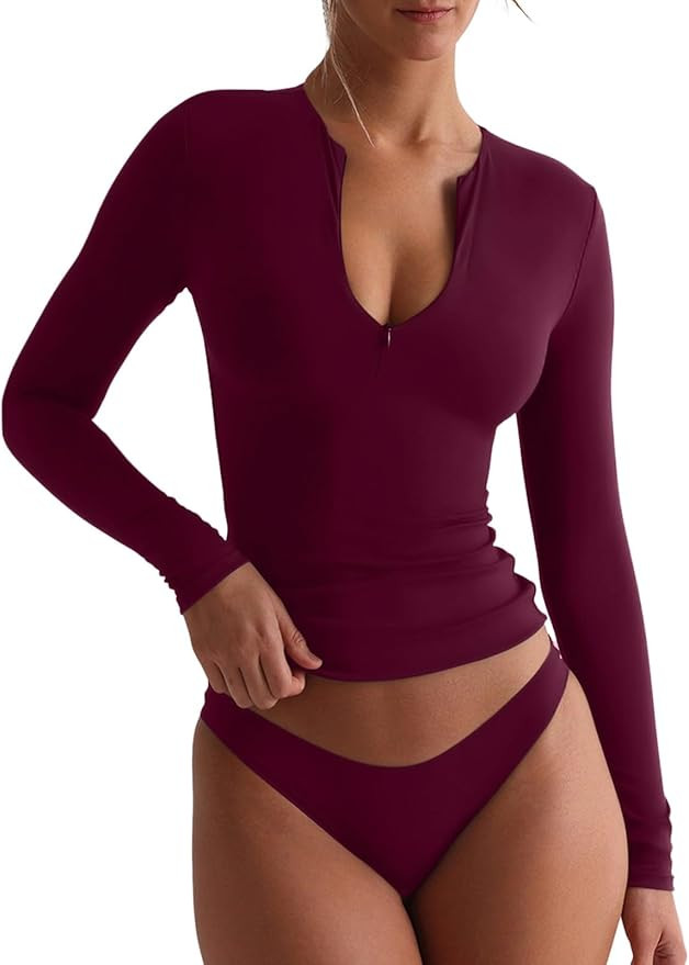 REORIA Double Lined Quarter Zip Sexy V Neck Long Sleeve Cropped Top Going Out Tops for Womens Fal... | Amazon (US)