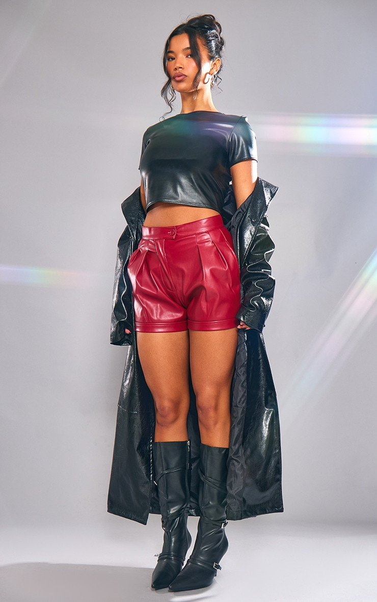 Cherry Red Faux Leather Pleat Detail Shorts | PrettyLittleThing UK