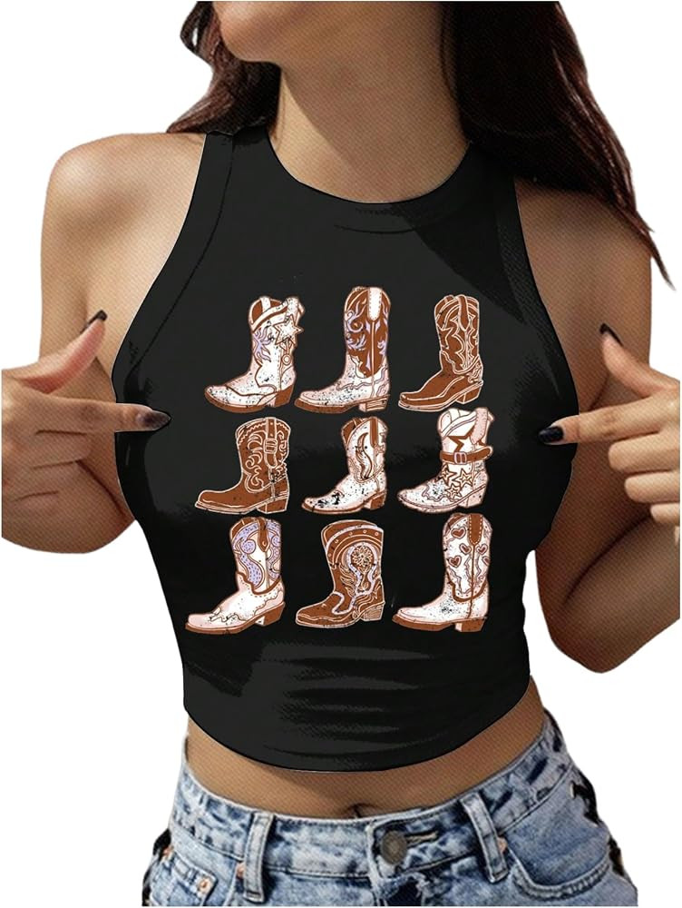 WDIRARA Women's Graphic Sleeveless Crop Tank Tops Crew Neck Western Rodeo Cowgirl Shirt | Amazon (US)