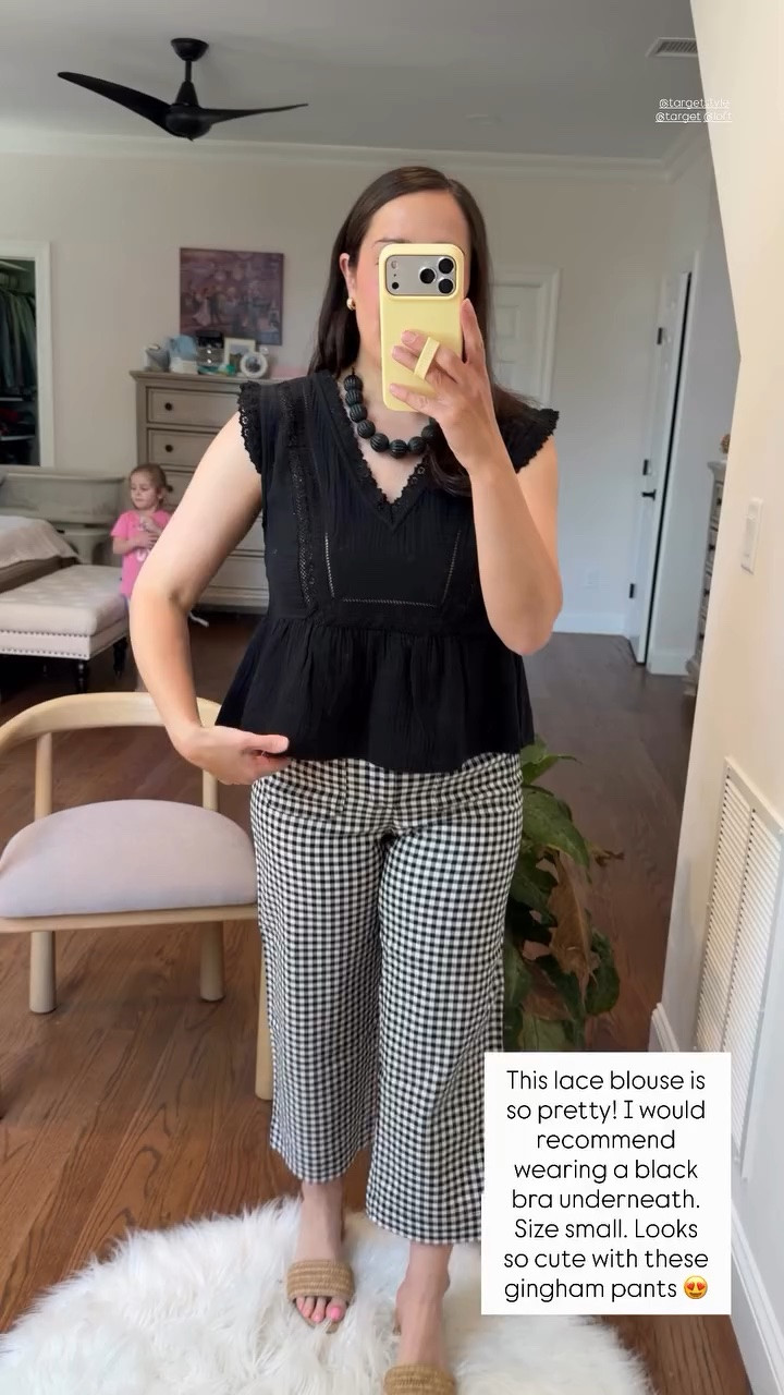 This lace blouse is so pretty! I would recommend wearing a black bra underneath. Size small. Looks so cute with these gingham pants 😍 @targetstyle @target @loft