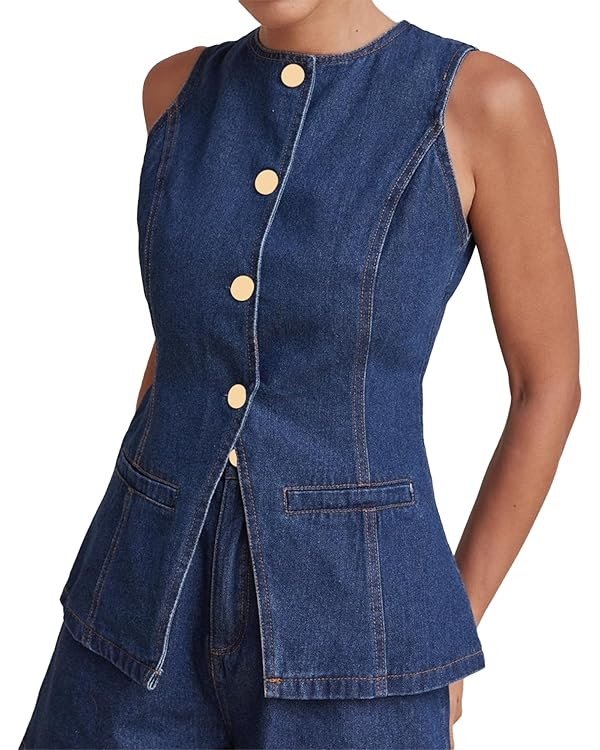 Kedera Women's Button Down Denim Vest Sleeveless Tank Tops Crew Neck Slim Fit Jean Jacket Waistco... | Amazon (US)